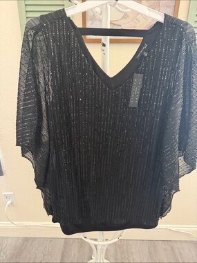 Sara Michelle women Black V-Neck Sequin Overlay Top with beautiful cut on arms
